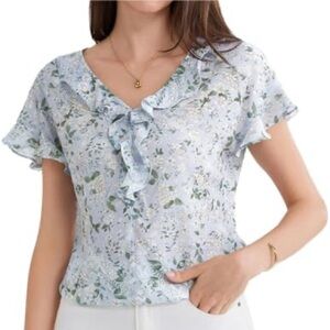 Grace Karin Blue Floral Print Ruffled Short Sleeve Chiffon Blouse Size XL